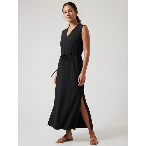 Athleta Dresses & Skirts - Athleta Presidio Dress Black Sleeveless V-Neck Maxi Drawstring Waist size L Tall
